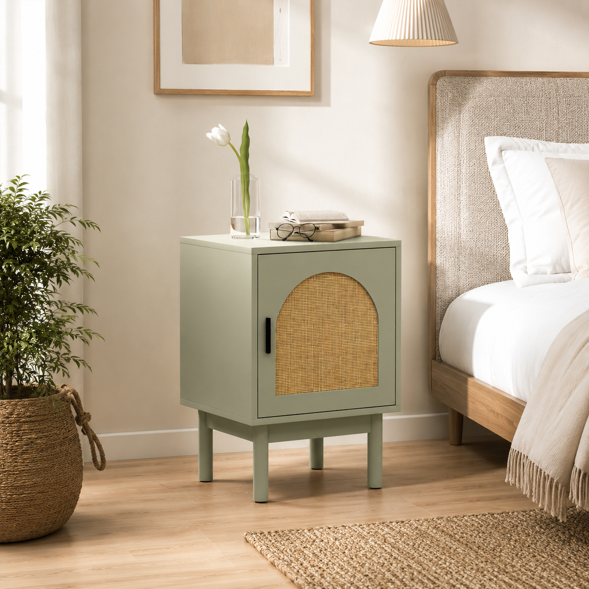 HOMCOM boho bedside table with rattan door and adjustable shelf, natural wood finish, modern and stylish bedroom furniture piece.