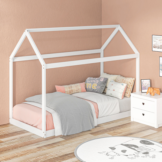 Grey wooden single bed frame with a playful tree house design by HOMCOM, featuring a cozy, whimsical style for children's bedroom.