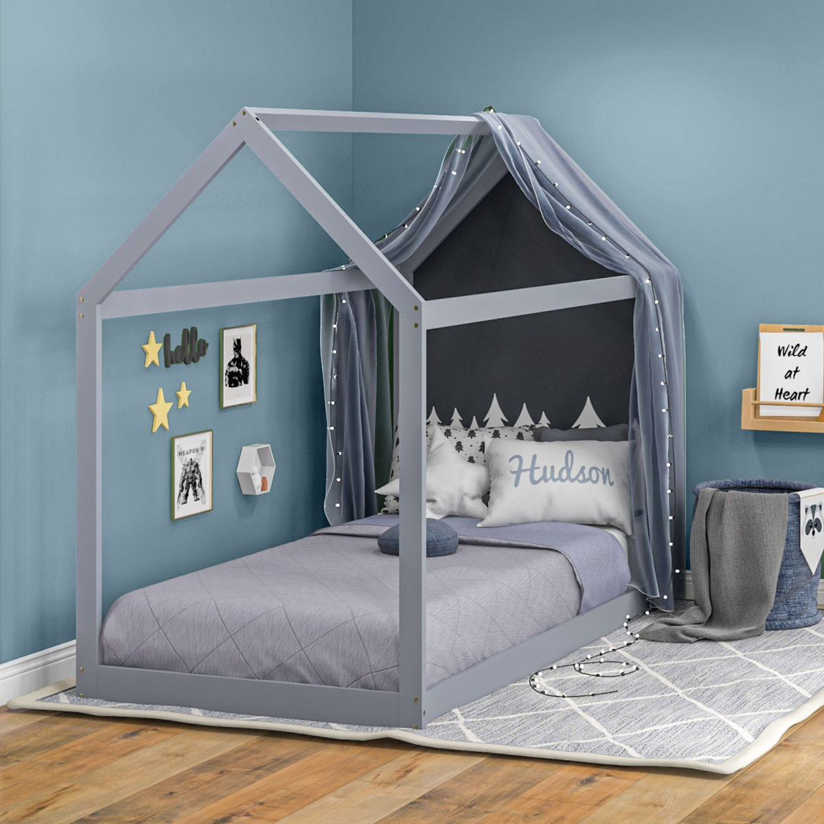Grey wooden single bed frame with a tree house design by HOMCOM, featuring a cozy, playful structure perfect for children's bedroom.