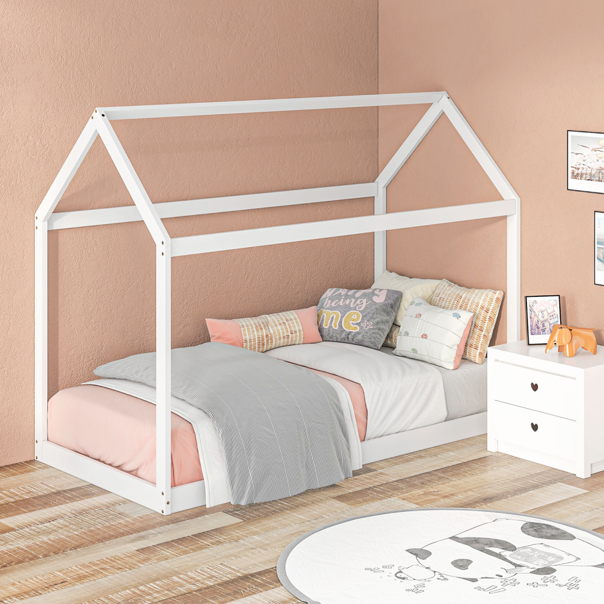 Grey wooden single bed frame with a tree house design by HOMCOM, featuring playful, rustic style and natural wood finish.