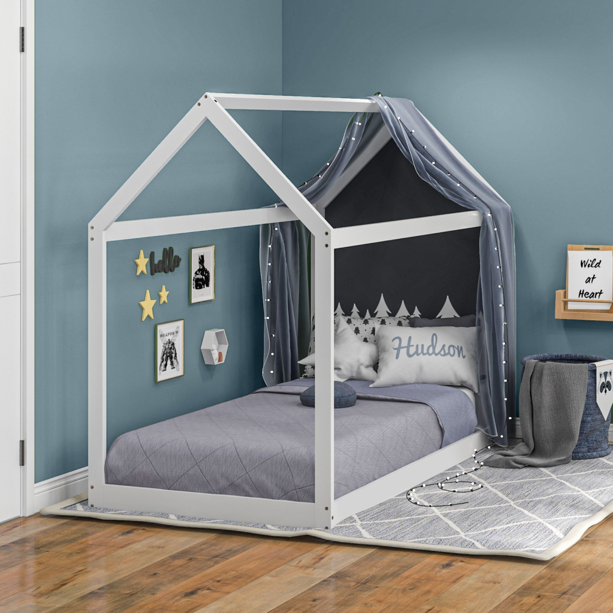 Grey wooden single bed frame with tree house design by HOMCOM, featuring a cozy, playful tree house style for children's bedrooms.