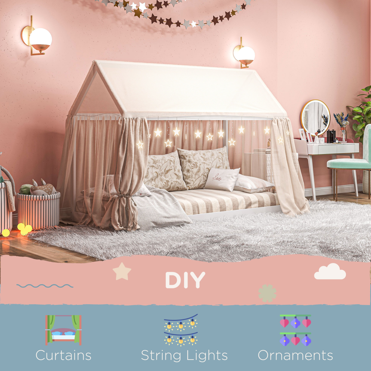 Grey wooden single bed frame by HOMCOM featuring a playful tree house style design with built-in ladder and cozy sleeping area.