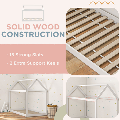 Grey wooden single bed frame with a tree house design by HOMCOM, featuring a cozy, playful tree house style for children's bedrooms.