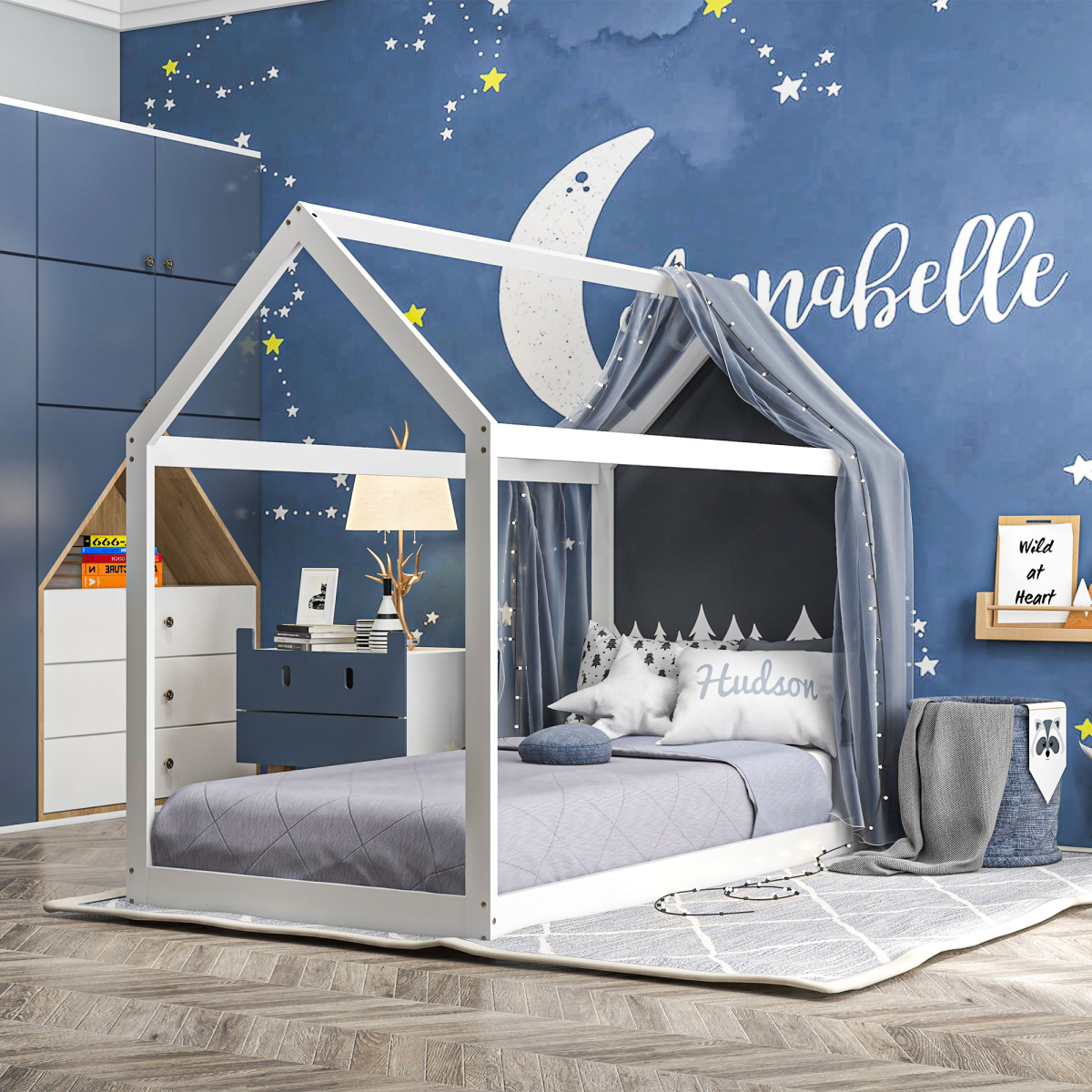 Grey wooden single bed frame by HOMCOM with a playful tree house style, featuring a cozy and sturdy design for kids' bedrooms.