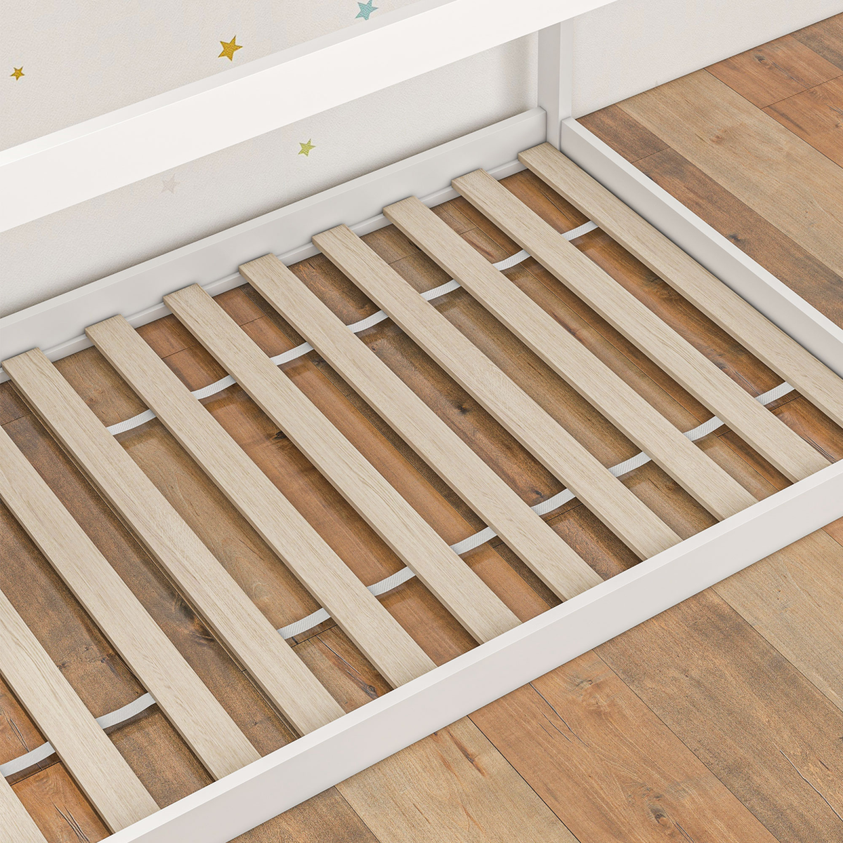 Grey wooden single bed frame by HOMCOM with a playful tree house design, featuring a sturdy structure and charming aesthetic.