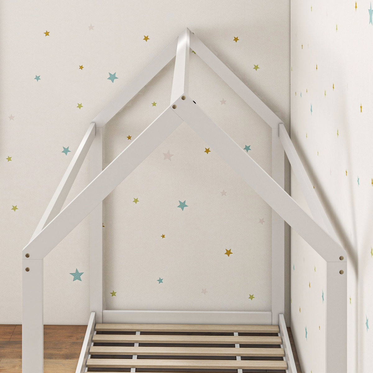 Grey wooden single bed frame with a tree house design from HOMCOM, featuring a playful and sturdy structure suitable for kids.