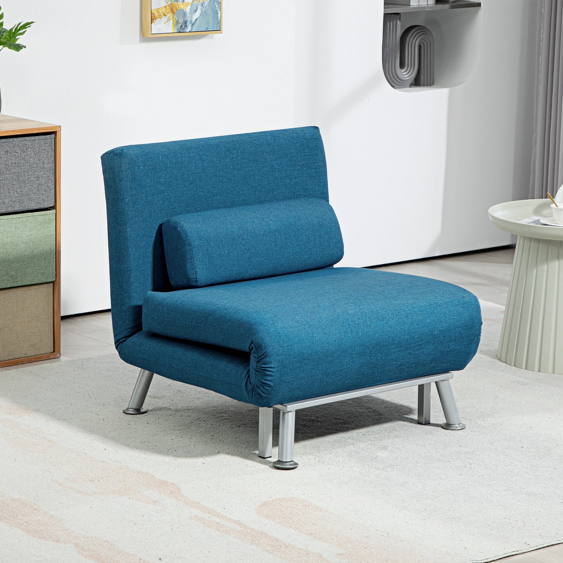 Light blue HOMCOM single folding sleeper chair sofa bed in five adjustable positions, showcasing its convertible design and compact form.