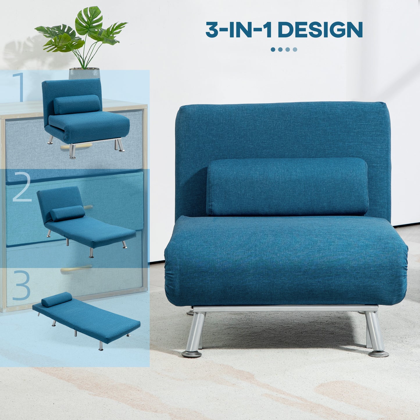 Light blue HOMCOM single folding convertible sleeper chair sofa bed with five adjustable positions for versatile seating and sleeping.