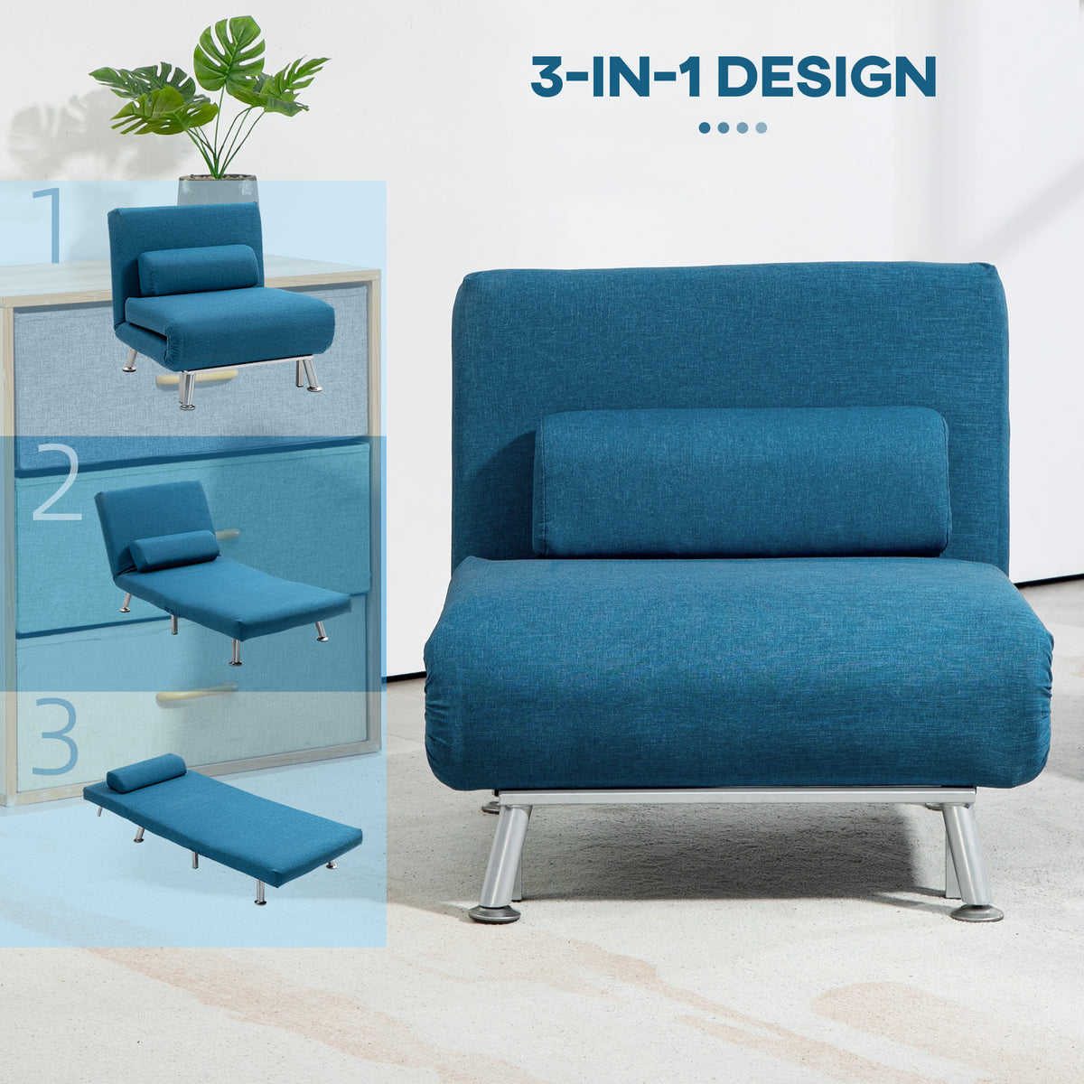 Light blue HOMCOM single folding convertible sleeper chair sofa bed with five adjustable positions for versatile seating and sleeping.