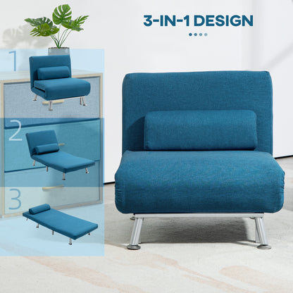 Light blue HOMCOM single folding convertible sleeper chair sofa bed with five adjustable positions for versatile seating and sleeping.
