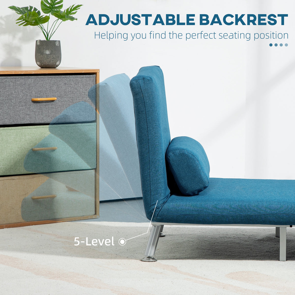 Light blue HOMCOM single folding sleeper chair sofa bed in five adjustable positions, showcasing its convertible design.