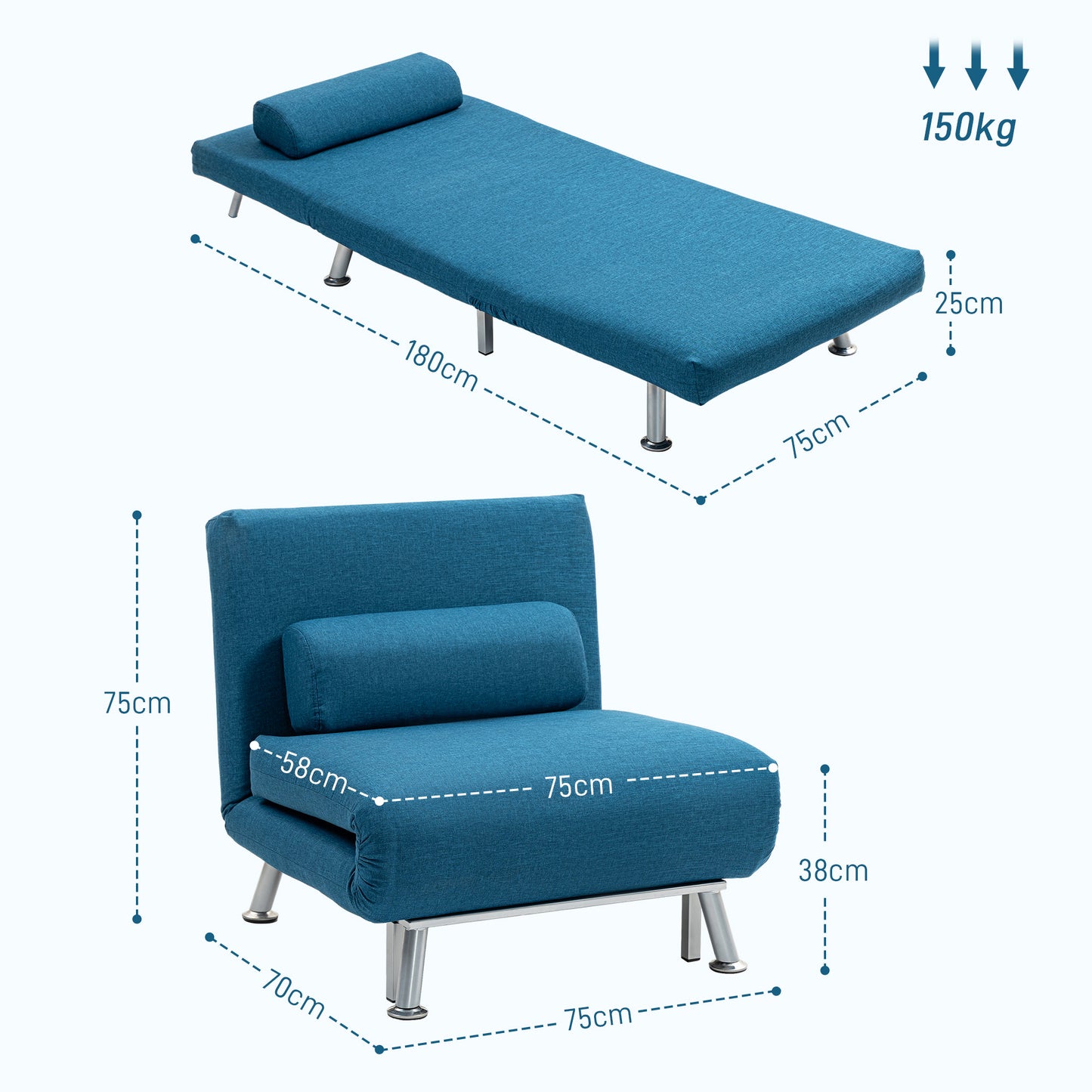 Light blue HOMCOM single folding sleeper chair sofa bed in five convertible positions, showcasing its versatile design and compact form.