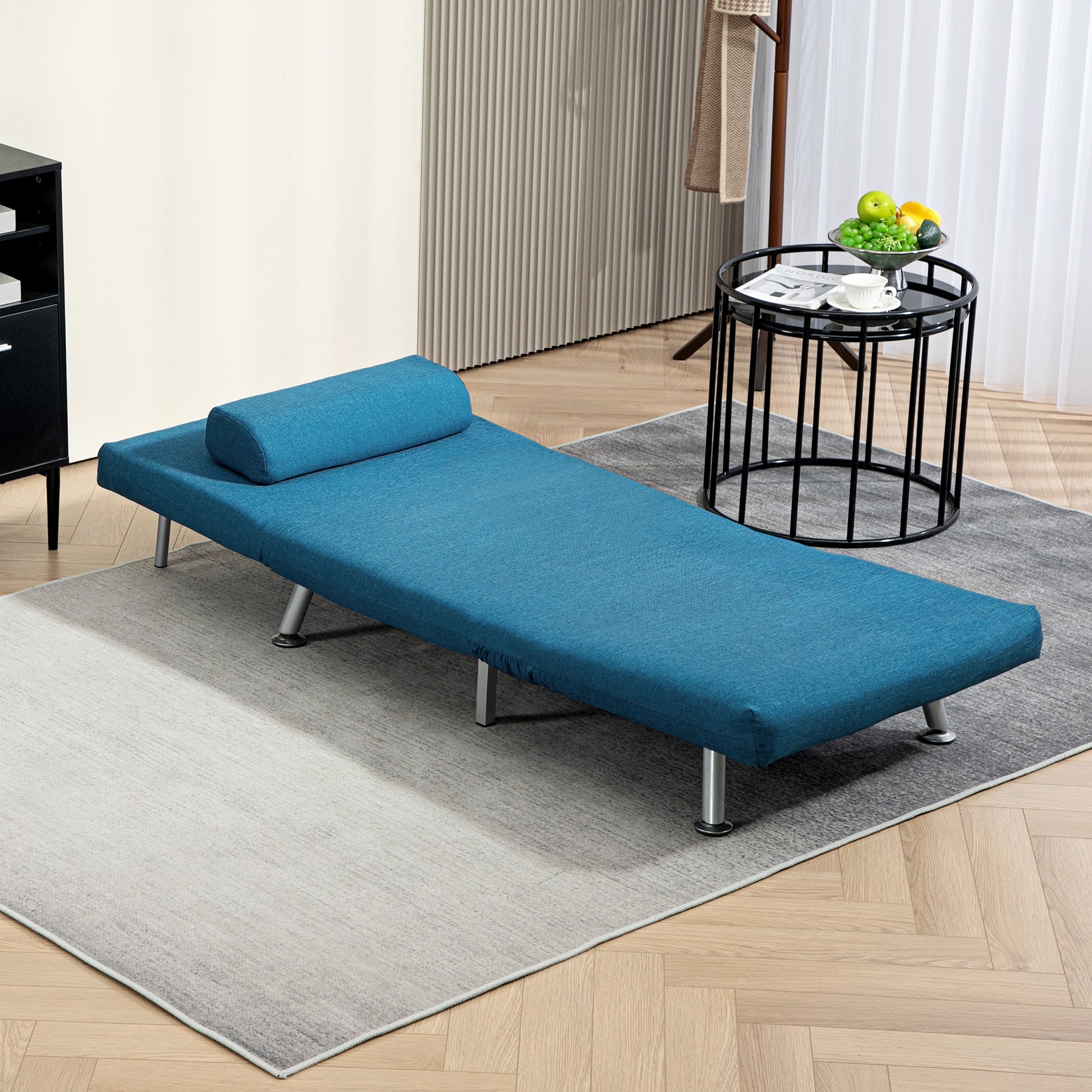 Light blue HOMCOM single folding 5-position convertible sleeper chair and sofa bed showing its adjustable backrest and compact design.