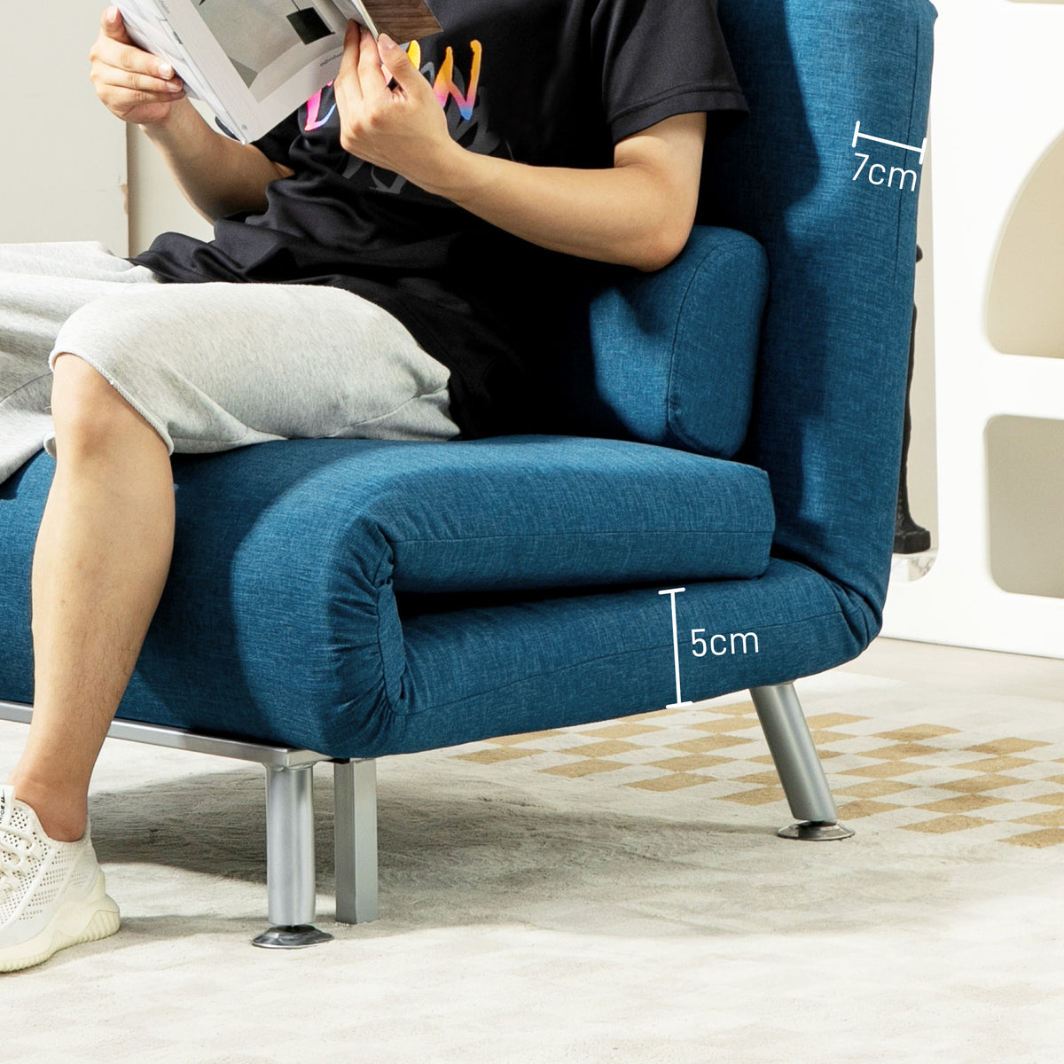 Light blue HOMCOM single folding sleeper chair sofa bed with five adjustable positions, versatile and compact for small spaces.