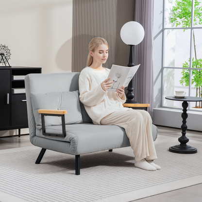 Light grey HOMCOM loveseat sofa bed with adjustable backrest, showcasing a stylish and comfortable convertible furniture piece.