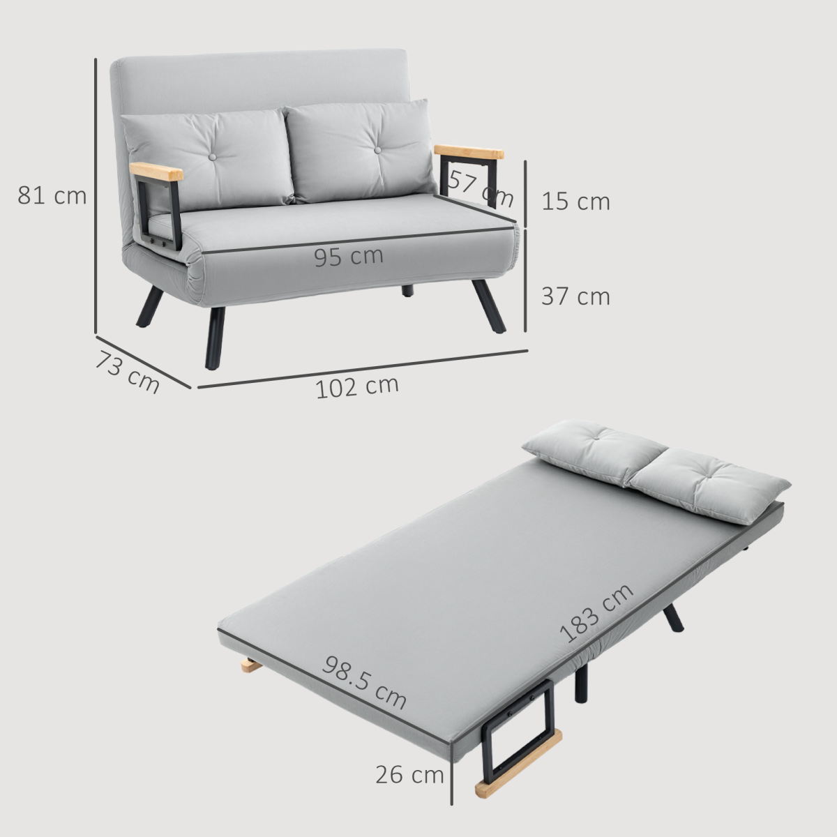 Light grey HOMCOM loveseat sofa bed with adjustable backrest and stylish design, perfect for modern living spaces.
