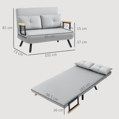 Light grey HOMCOM loveseat sofa bed with adjustable backrest and stylish design, perfect for modern living spaces.