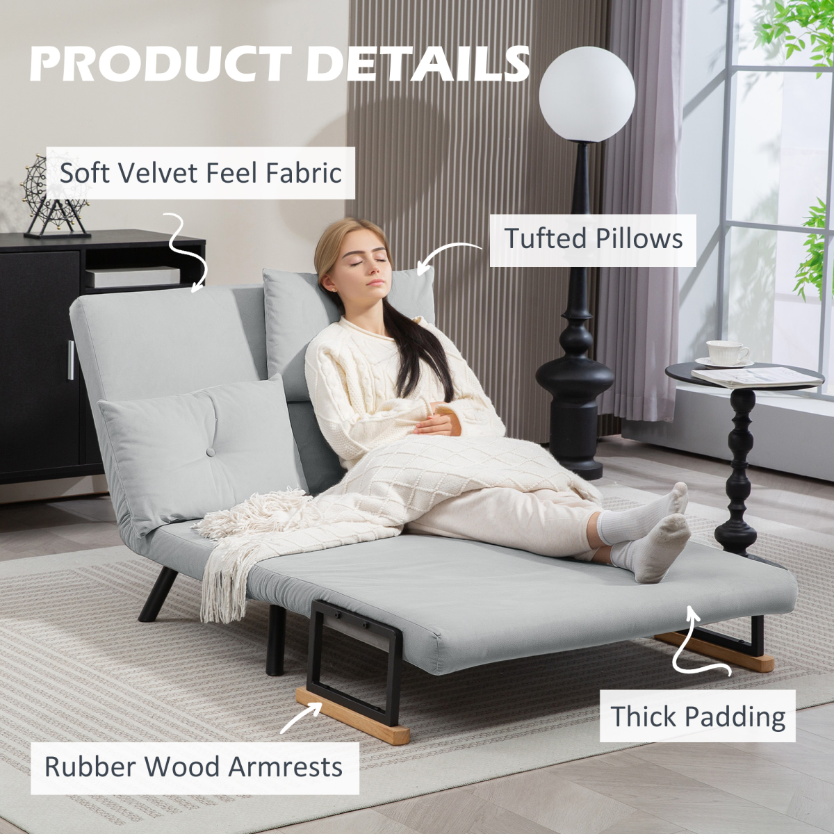 Light grey HOMCOM loveseat sofa bed with adjustable backrest, modern design, and comfortable seating for living room use.