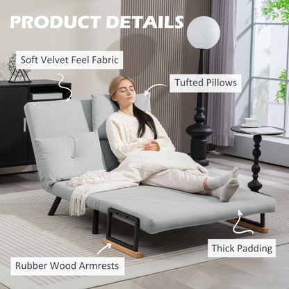 Light grey HOMCOM loveseat sofa bed with adjustable backrest, modern design, and comfortable seating for living room use.