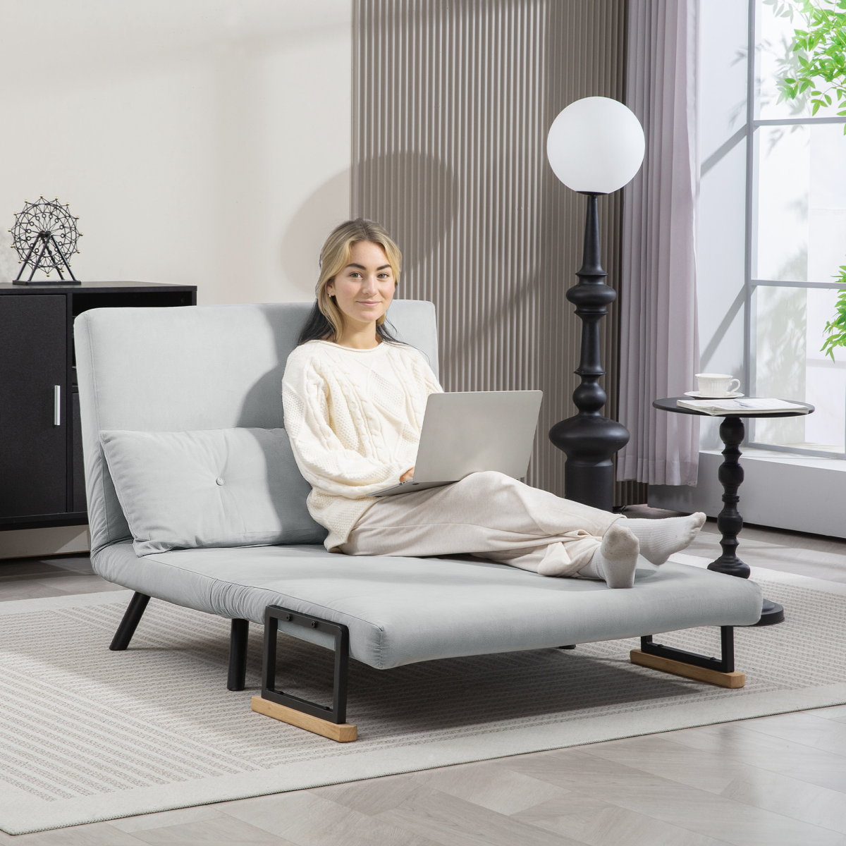 Light grey HOMCOM loveseat sofa bed with adjustable backrest and stylish modern design, perfect for compact living spaces.
