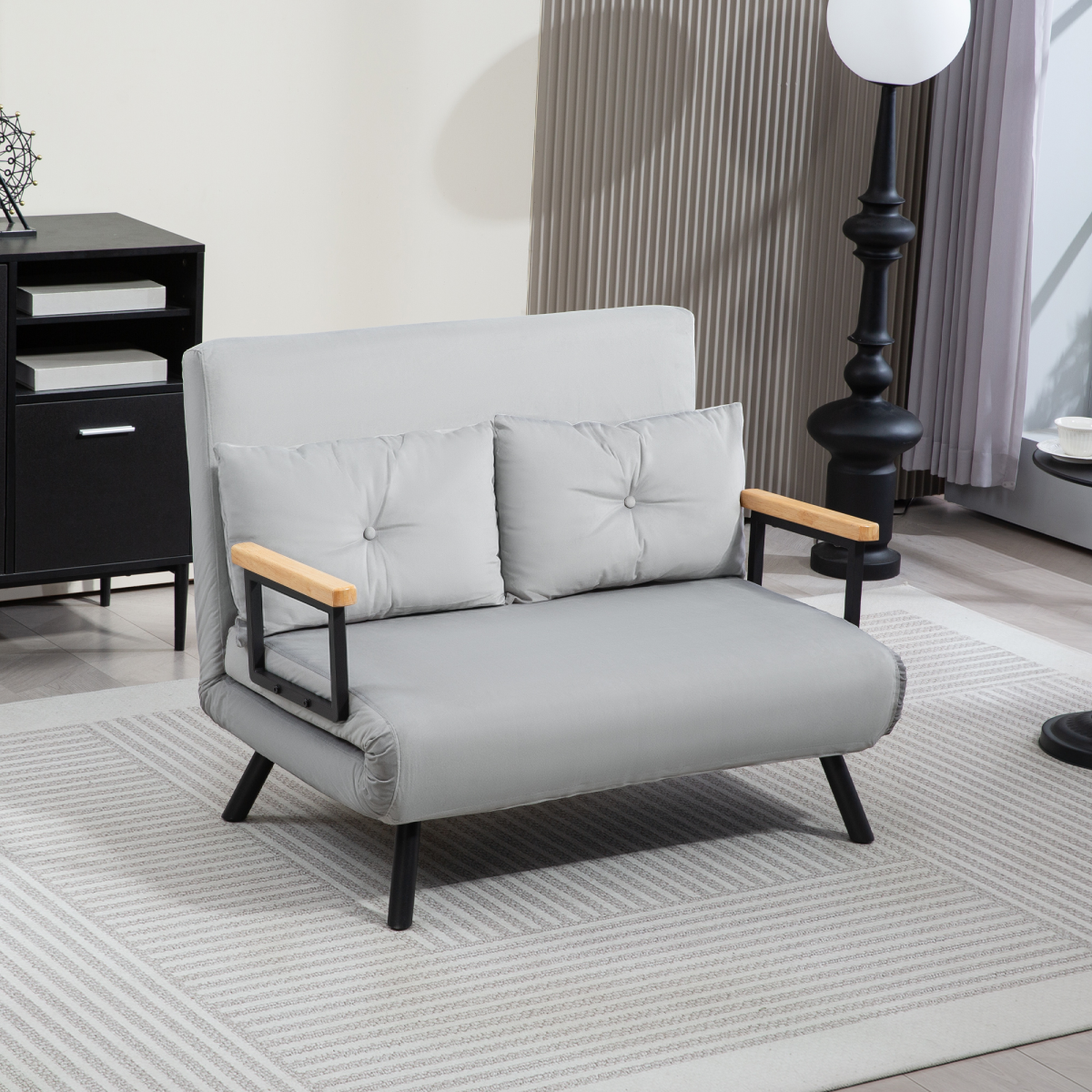 Light grey HOMCOM loveseat sofa bed with adjustable backrest and stylish design, showcasing comfortable seating and modern home decor.