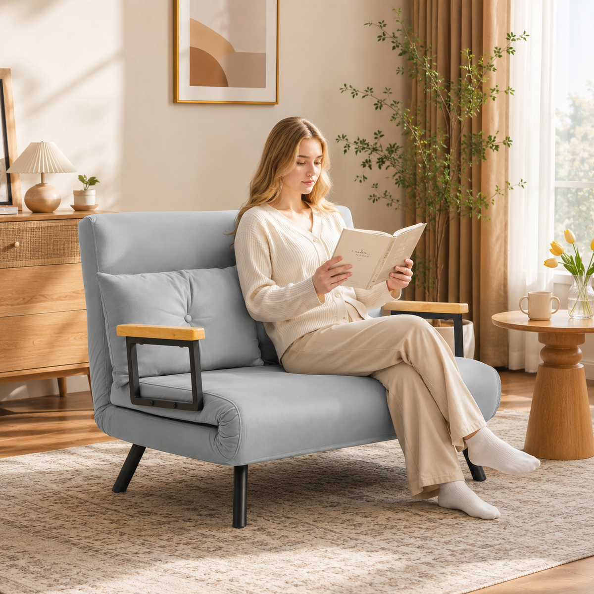 Light grey HOMCOM loveseat sofa bed with adjustable backrest, featuring a stylish and comfortable design for versatile living spaces.