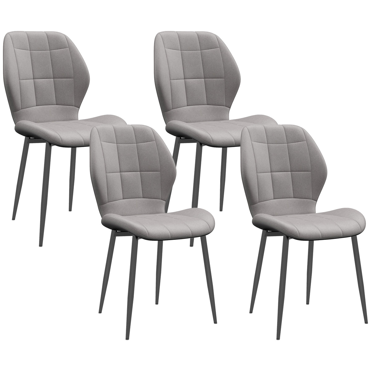 Set of 4 HOMCOM modern kitchen chairs with light grey upholstered seats and sleek design.