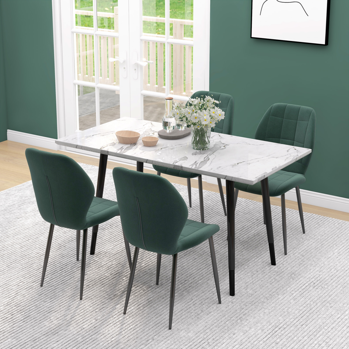 Set of 4 HOMCOM modern kitchen chairs with light grey upholstered seats and sleek design.