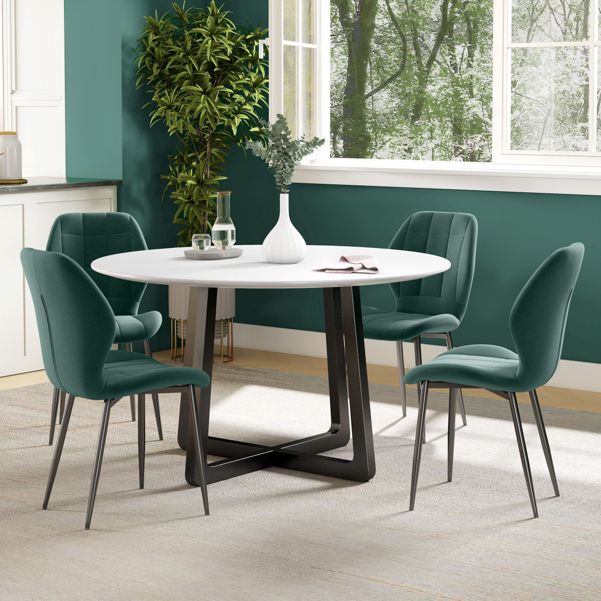 Set of 4 HOMCOM modern kitchen chairs with light grey upholstered seats and sleek design.