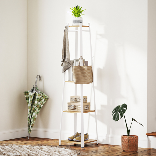Rustic brown HOMCOM clothes rack with 8 hooks and 3-tier shelf for clothing and accessories, ideal for entryway or bedroom storage.
