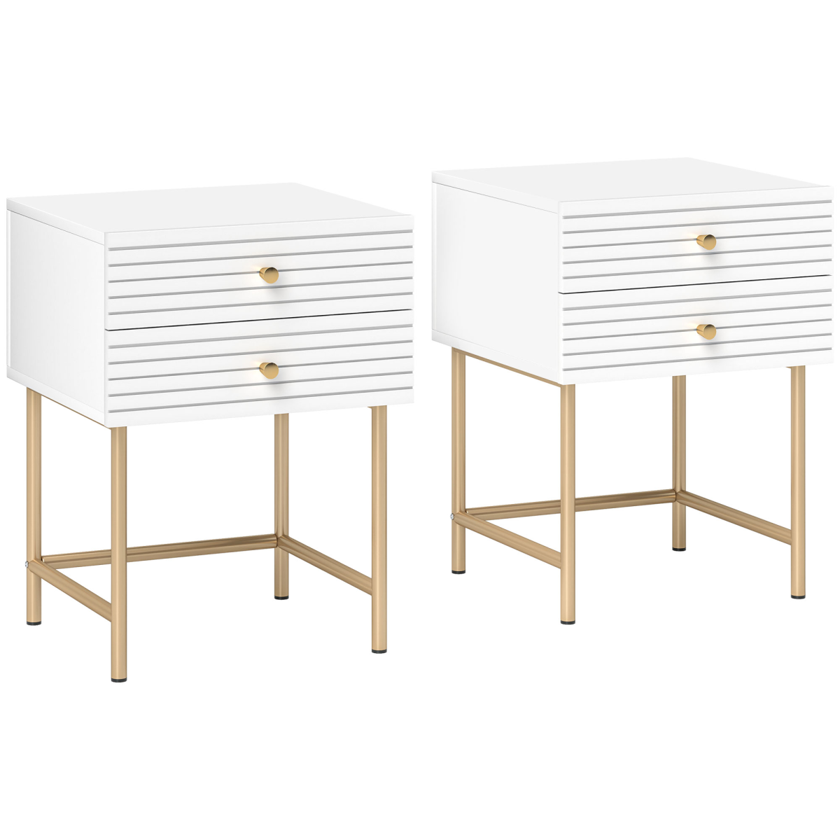 Set of two HOMCOM white bedside tables with two drawers, ideal for bedroom storage and nightstand organization.
