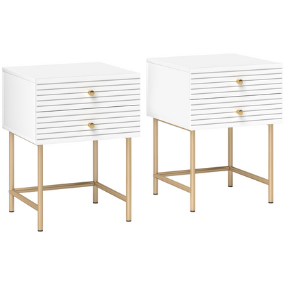 Set of two HOMCOM white bedside tables with two drawers, ideal for bedroom storage and nightstand organization.