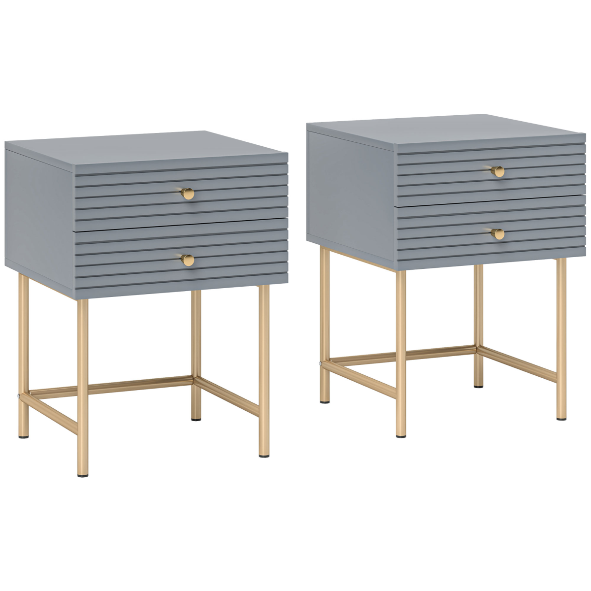 Pair of HOMCOM white bedside tables with two drawers, ideal for bedroom storage and decor.
