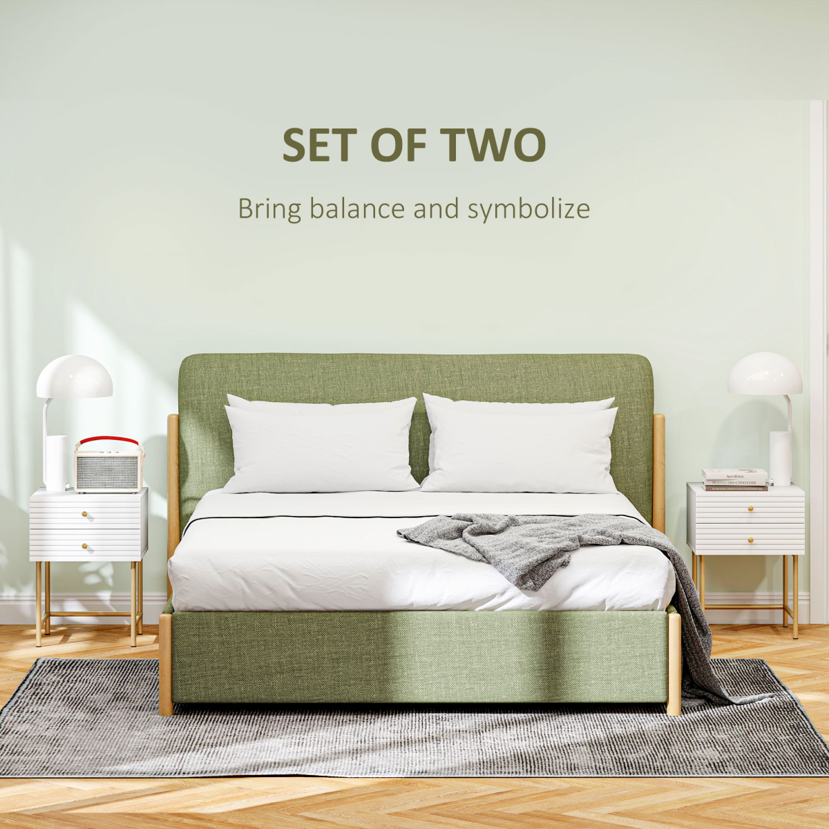 Pair of HOMCOM white bedside tables with two drawers, ideal for bedroom storage and decor.