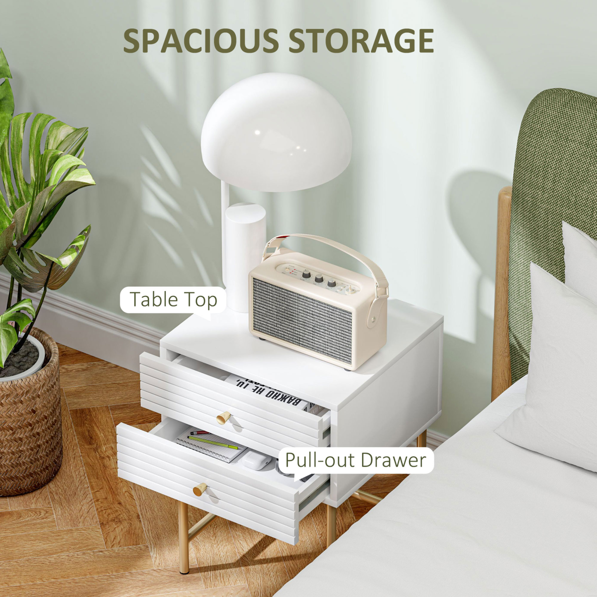 Pair of HOMCOM white bedside tables with two drawers, ideal for bedroom storage and decor.