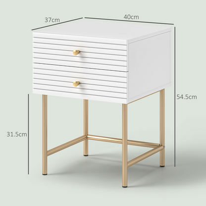 Pair of white HOMCOM bedside tables with two drawers each, ideal for bedroom storage and decor.
