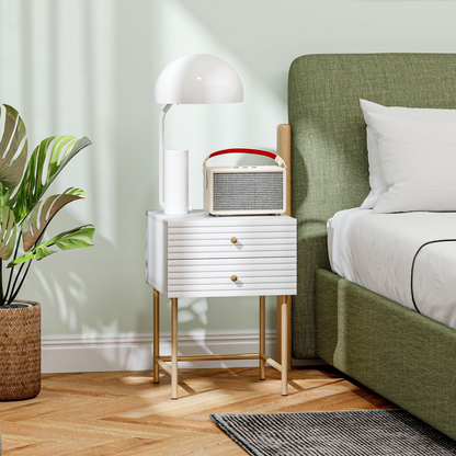 Pair of HOMCOM white bedside tables with 2 drawers each, ideal for bedroom storage and decor.