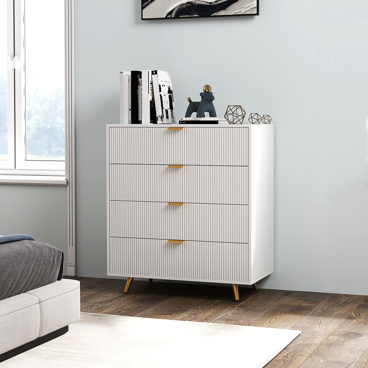 White HOMCOM chest of drawers with four spacious drawers, ideal for bedroom or living room storage and organization.