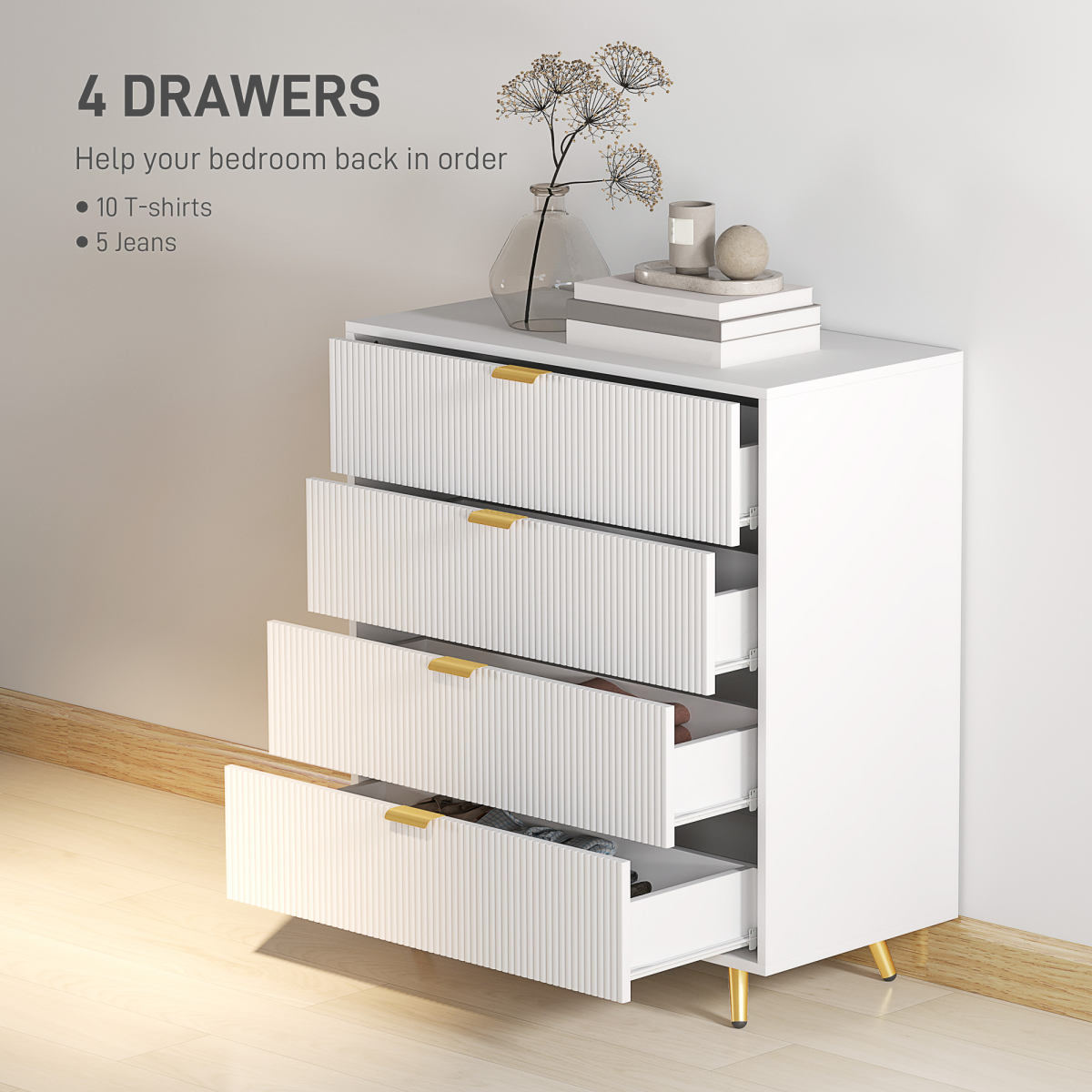 White HOMCOM chest of drawers with four spacious drawers for bedroom or living room storage.