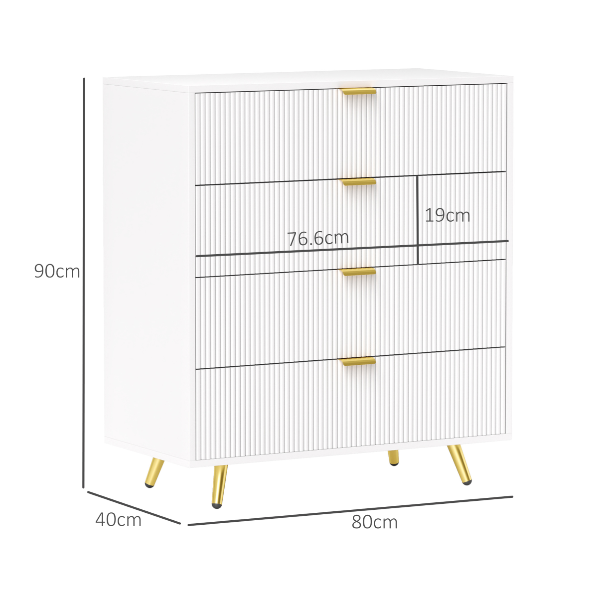 White HOMCOM chest of drawers with four spacious drawers, ideal for bedroom or living room storage and organization.
