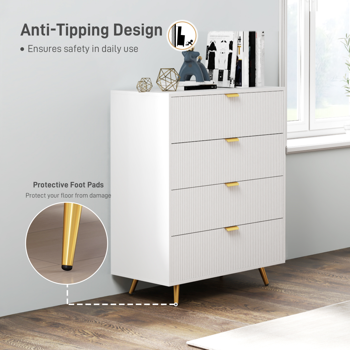 White HOMCOM chest of drawers with four spacious drawers, ideal for bedroom or living room storage and organization.
