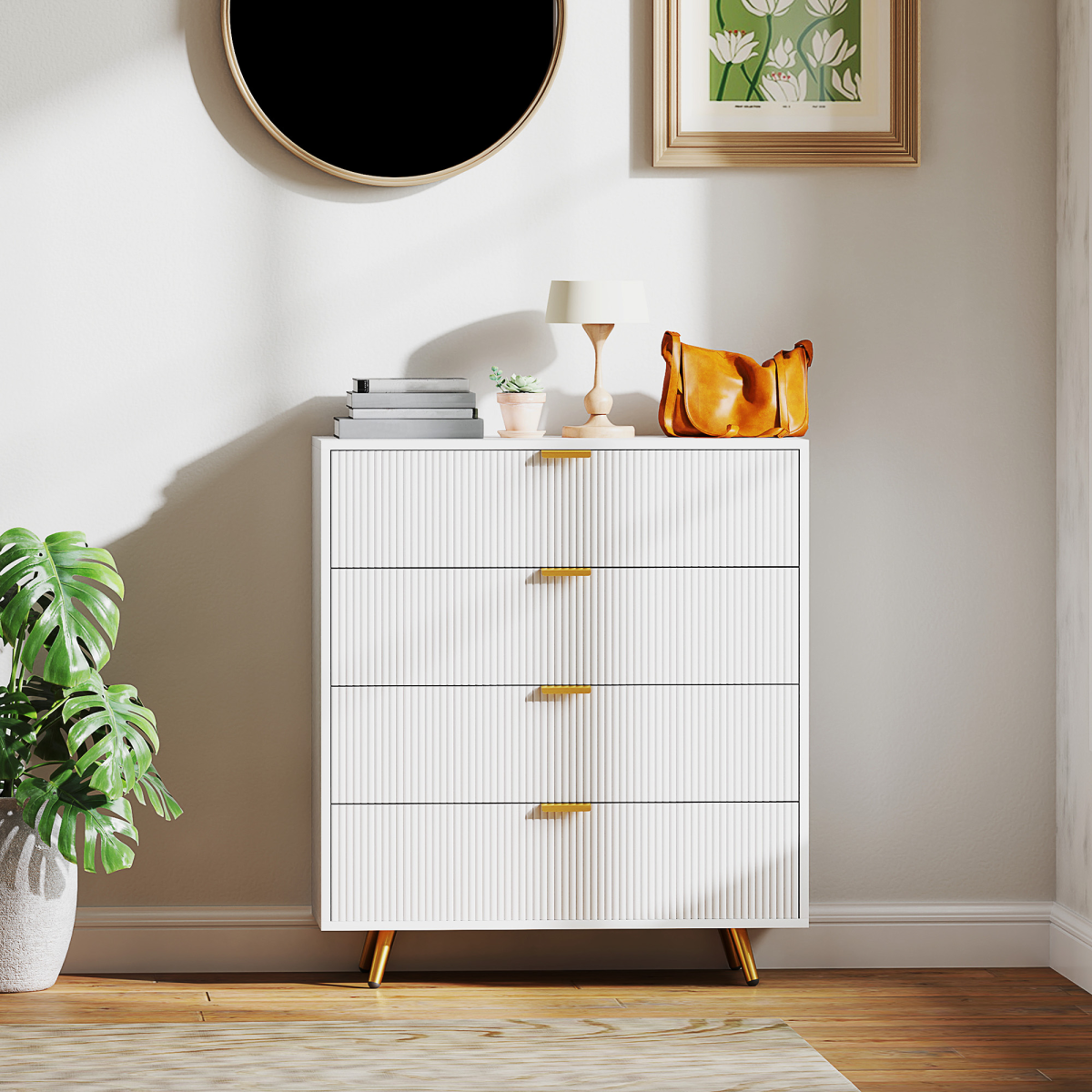 White HOMCOM chest of drawers with four spacious drawers for bedroom or living room storage.