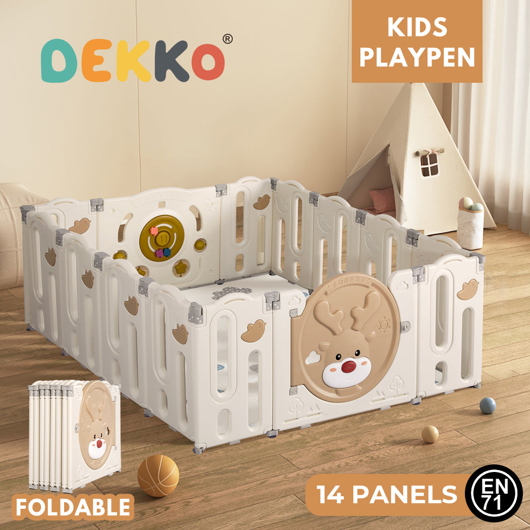 Livoshop Dekko Kids Playpen with foldable safety gate panels, toddler play area, and game toy for secure indoor play.