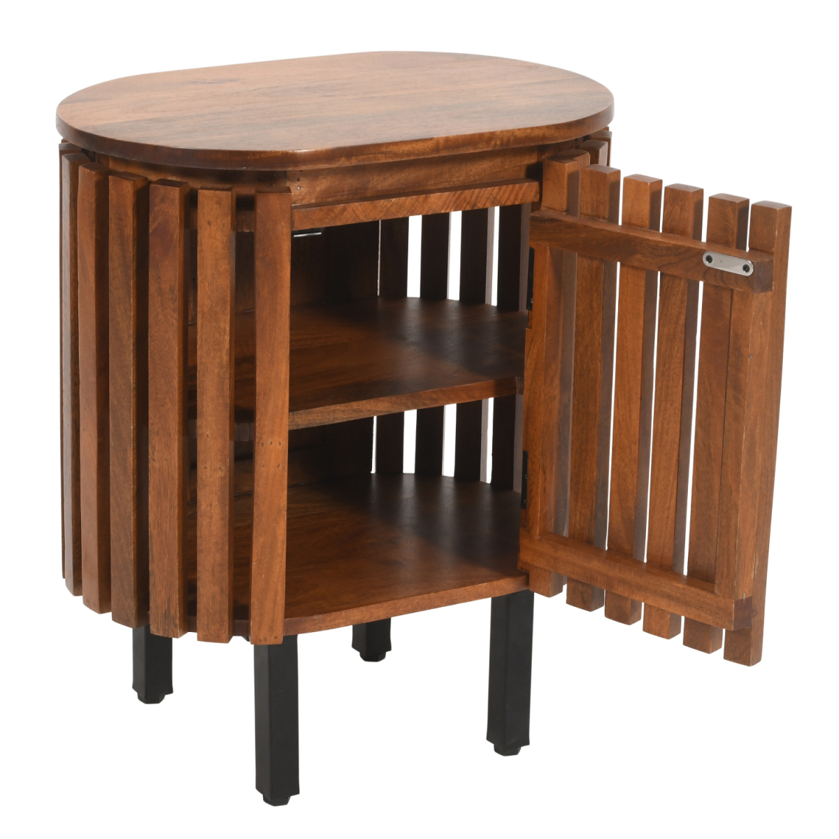 Slatted mango wood bedside table with walnut finish and storage cabinet by Indian Hub, featuring a modern, natural wood design.