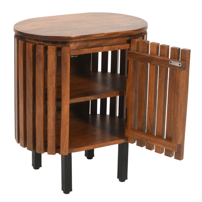 Slatted mango wood bedside table with walnut finish and storage cabinet by Indian Hub, featuring a modern, natural wood design.