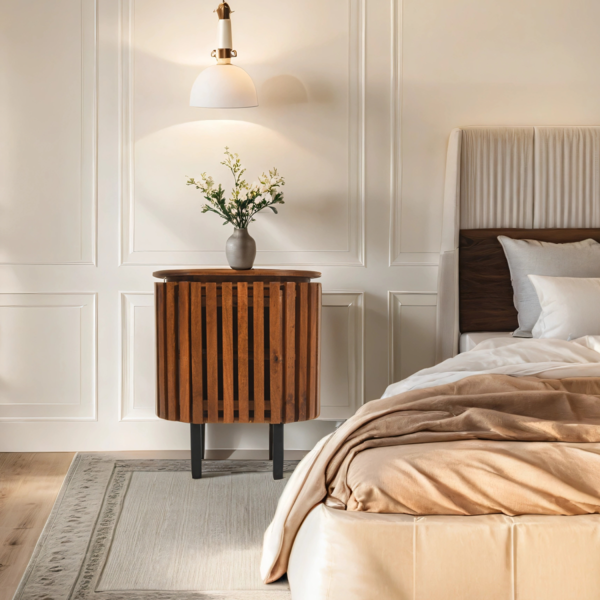 Slatted mango wood bedside table with walnut finish, featuring storage cabinet and modern design from Indian Hub.