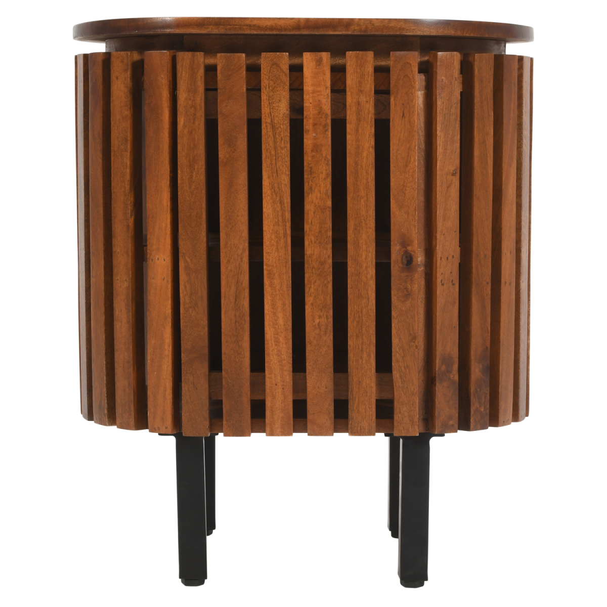 Slatted mango wood bedside table with walnut finish and storage cabinet from Indian Hub, featuring a sleek, modern design.