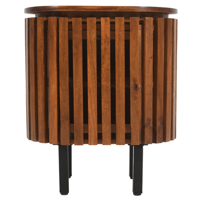 Slatted mango wood bedside table with walnut finish and storage cabinet from Indian Hub, featuring a sleek, modern design.