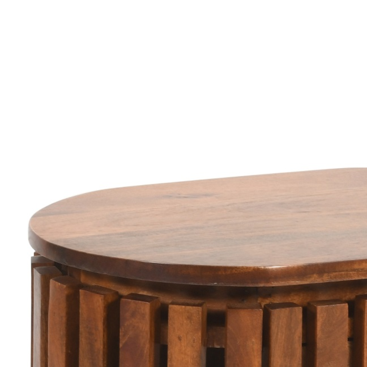 Slatted mango wood bedside table with walnut finish and storage cabinet from Indian Hub, featuring a modern, natural wood design.