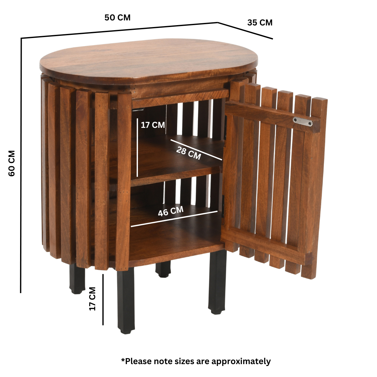 Slatted mango wood bedside table with walnut finish and storage cabinet by Indian Hub, showcasing a modern, natural wood design.